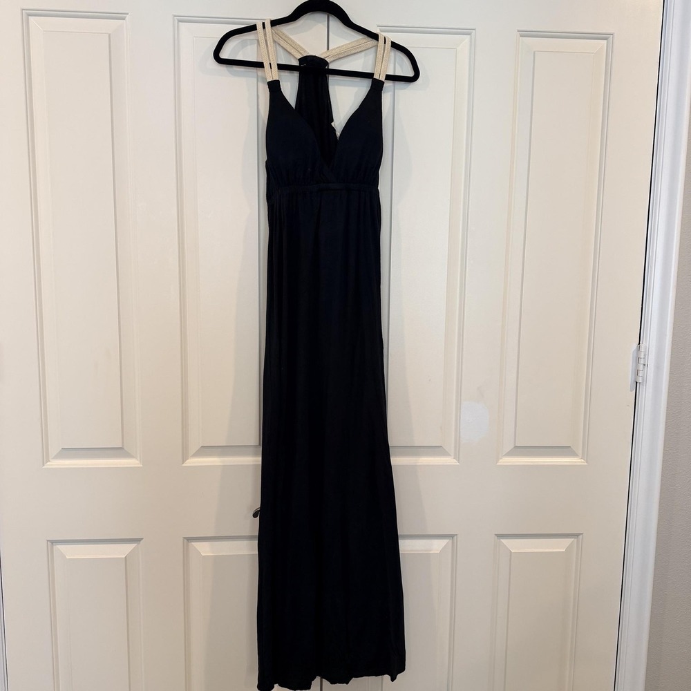 Pink Rose Dress Womens Large Black Halter Maxi Empire Waist Sundress Summer